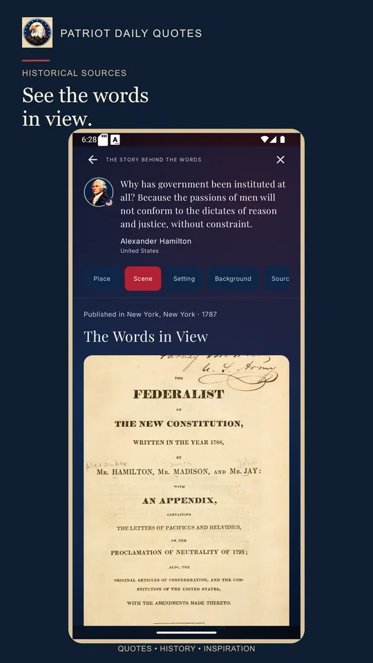 Title page of The Federalist shown inside the app's The Words in View step