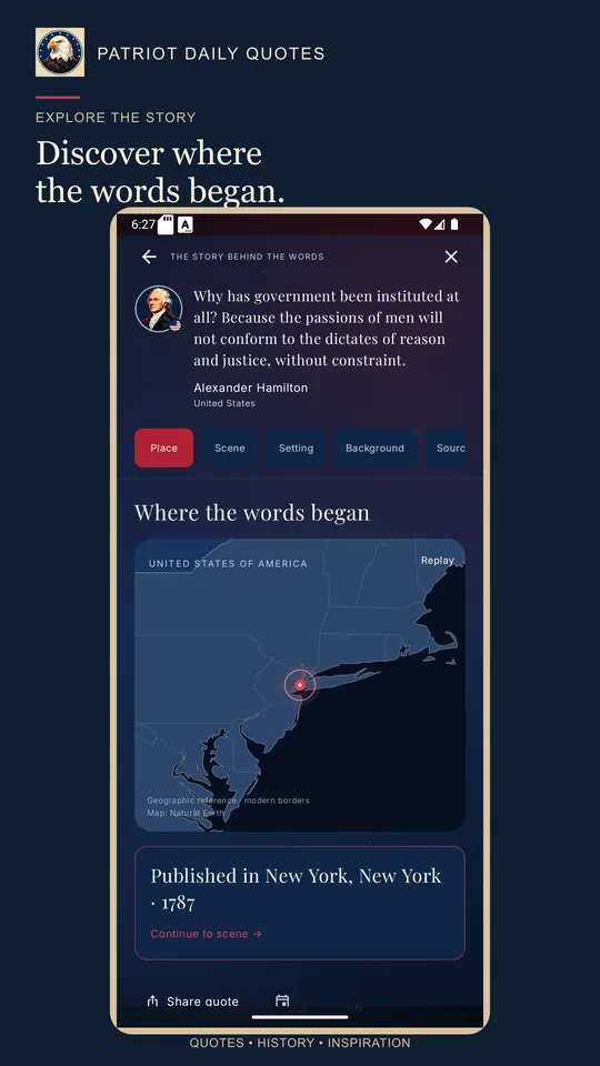 Story map in the app showing where The Federalist was published in New York in 1787